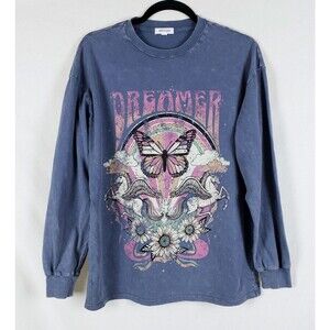 Stitch & Pine Graphic Tee Butterfly Pegasus Dreamer Womens S Gray Long Sleeve